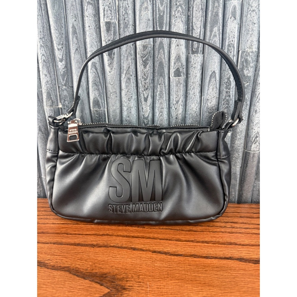 Steve Madden Black Ruched Small Shoulder Bag‎ SM Logo Baguette Purse
